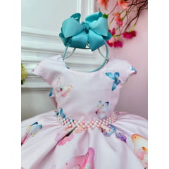 Vestido Infantil Rosa Borboletas Damas Festas Luxo Pérolas