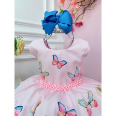 Vestido Infantil Rosa Borboletas Luxo Pérolas Damas Festas