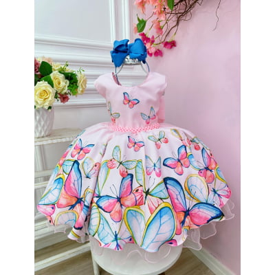 Vestido Infantil Rosa Borboletas Luxo Pérolas Damas Festas
