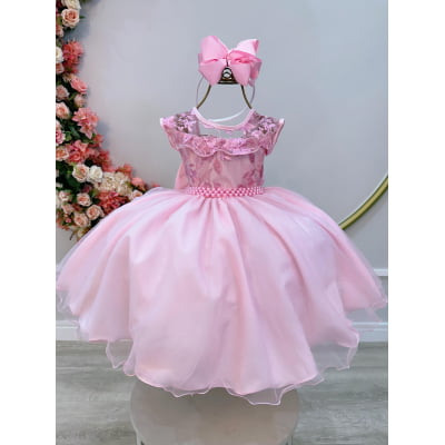 Vestido Infantil Rosa C/ Babados e Renda  Daminhas Festas