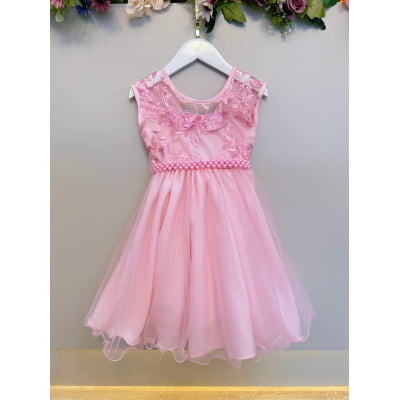 Vestido Infantil Rosa C/ Babados e Renda  Daminhas Festas