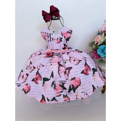 Vestido Infantil Rosa C/ Borboletas e Cinto de Pérolas Luxo