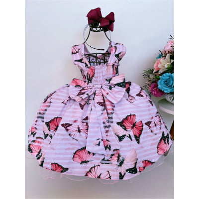 Vestido Infantil Rosa C/ Borboletas e Cinto de Pérolas Luxo