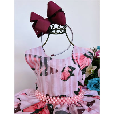 Vestido Infantil Rosa C/ Borboletas e Cinto de Pérolas Luxo