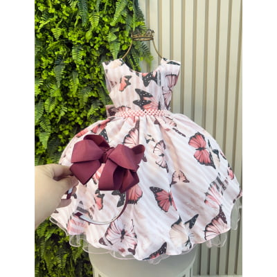 Vestido Estampado Infantil Rosa C/ Marsala + Tiara ou Laço