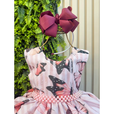 Vestido Estampado Infantil Rosa C/ Marsala + Tiara ou Laço