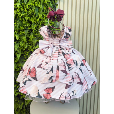 Vestido Estampado Infantil Rosa C/ Marsala + Tiara ou Laço