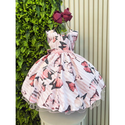 Vestido Estampado Infantil Rosa C/ Marsala + Tiara ou Laço