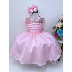 Vestido Infantil Rosa C/ Renda e Busto Plissado Cinto Pérolas