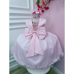 Vestido Infantil Rosa C/ Renda e Busto Plissado Daminhas