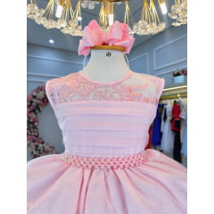 Vestido Infantil Rosa C/ Renda e Busto Plissado Daminhas