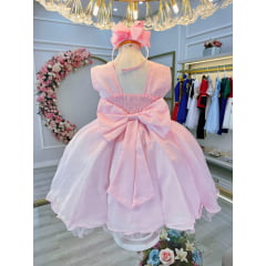 Vestido Infantil Rosa C/ Renda e Busto Plissado Daminhas