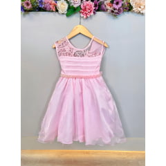 Vestido Infantil Rosa C/ Renda e Busto Plissado Daminhas