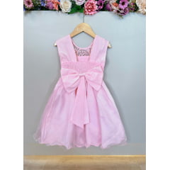 Vestido Infantil Rosa C/ Renda e Busto Plissado Daminhas