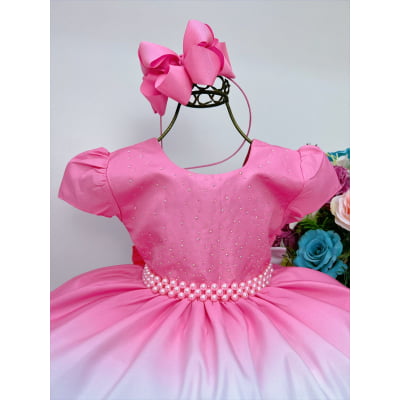Vestido Infantil Rosa Chiclete Primavera Strass Pérolas