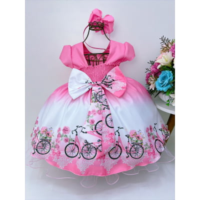 Vestido Infantil Rosa Chiclete Primavera Strass Pérolas