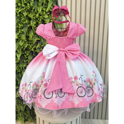 Vestido Infantil Rosa Chiclete Primavera Strass Pérolas