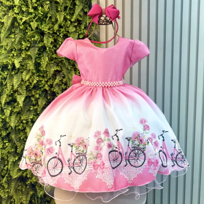 Vestido Infantil Rosa Chiclete Primavera Strass Pérolas