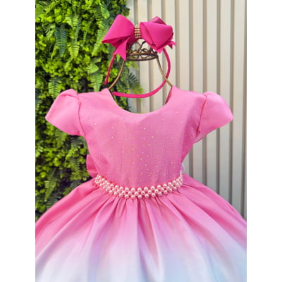 Vestido Infantil Rosa Chiclete Primavera Strass Pérolas