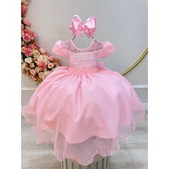 Vestido Infantil Rosa Claro Busto Nervura e Tule Pipoquinha