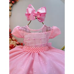 Vestido Infantil Rosa Claro Busto Nervura e Tule Pipoquinha