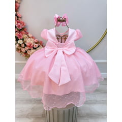 Vestido Infantil Rosa Claro Busto Nervura e Tule Pipoquinha