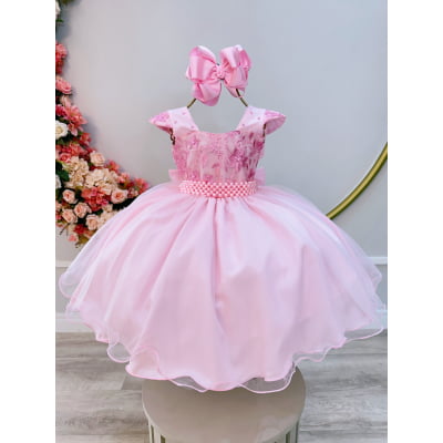 Vestido Infantil Rosa Claro C/ Renda Luxo Casamento Festas