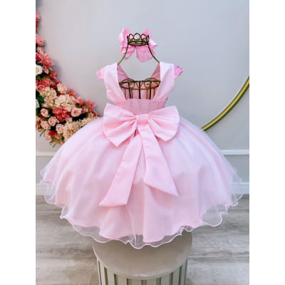 Vestido Infantil Rosa Claro C/ Renda Luxo Casamento Festas