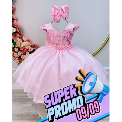 Vestido Infantil Rosa Claro C/ Renda Luxo Casamento Festas
