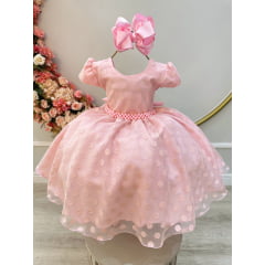 Vestido Infantil Rosa Claro Tule C/ Bolinhas e Pérolas Luxo