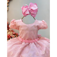 Vestido Infantil Rosa Claro Tule C/ Bolinhas e Pérolas Luxo