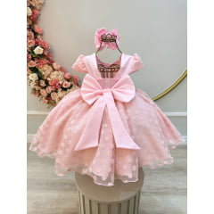 Vestido Infantil Rosa Claro Tule C/ Bolinhas e Pérolas Luxo