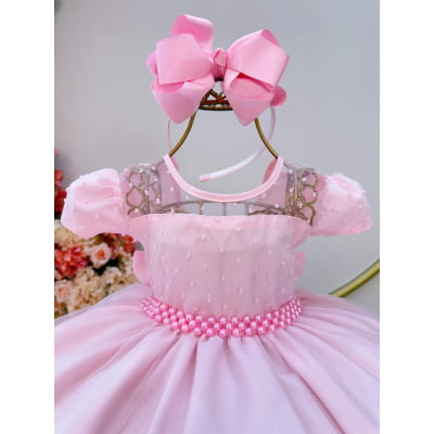 Vestido Infantil Rosa Claro Tule Pipoquinha Daminhas Festas