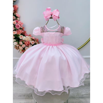 Vestido Infantil Rosa Claro Tule Pipoquinha Daminhas Festas