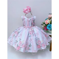 Vestido Infantil Rosa Colorido Jardim das Borboletas Pérolas
