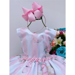 Vestido Infantil Rosa Colorido Jardim das Borboletas Pérolas