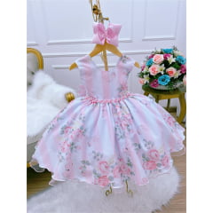 Vestido Infantil Rosa Colorido Jardim das Borboletas Pérolas