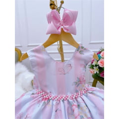 Vestido Infantil Rosa Colorido Jardim das Borboletas Pérolas