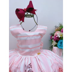 Vestido Infantil Rosa Floral Listras Horizontal Luxo Princesas