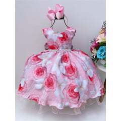 Vestido Infantil Rosa Florido Cinto de Pérolas Festas