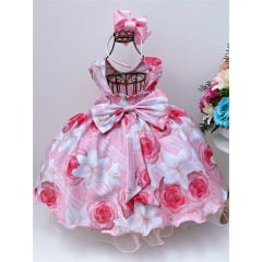 Vestido Infantil Rosa Florido Cinto de Pérolas Festas