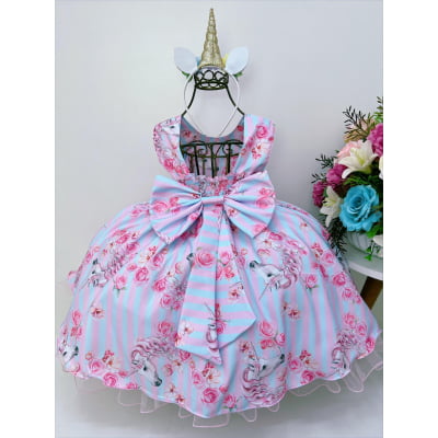 Vestido Infantil Rosa Florido Colorido Unicórnio