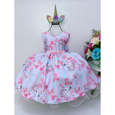 Vestido Infantil Rosa Florido Colorido Unicórnio