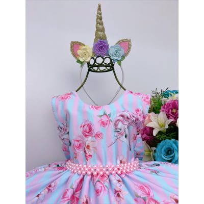 Vestido Infantil Rosa Florido Colorido Unicórnio