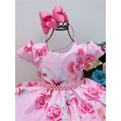 Vestido Infantil Rosa Jardim das Borboletas C/ Pérolas Luxo
