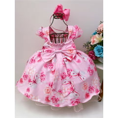 Vestido Infantil Rosa Jardim das Borboletas C/ Pérolas Luxo