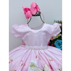 Vestido Infantil Rosa Jardim das Borboletas com Pérolas
