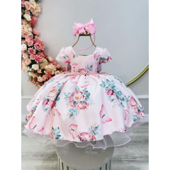 Vestido Infantil Rosa Jardim das Borboletas Damas Luxo Pérolas