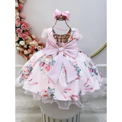 Vestido Infantil Rosa Jardim das Borboletas Damas Luxo Pérolas