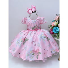Vestido Infantil Rosa Jardim das Flores Cinto Pérolas Luxo